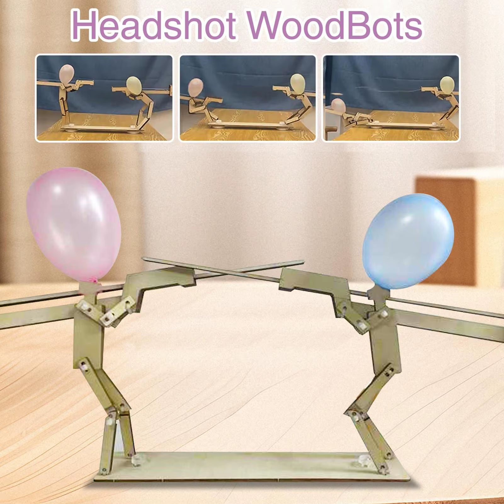 Whack a Balloon Game Handmade Puppet Battle Board Game Fun Interactive Wood Toy with 100 Balloons for 2 Players Living Room